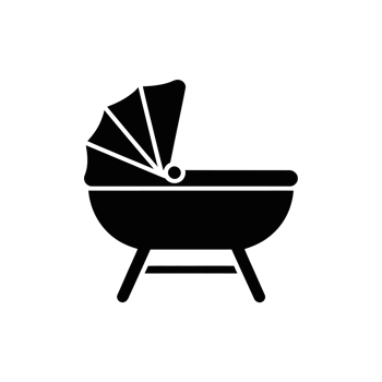 A black silhouette of a baby stroller with a curved canopy png