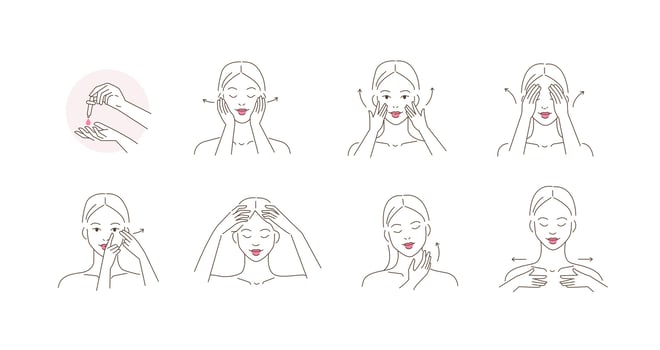 Beauty Girl Take Care of her Face and Applying Cosmetic Serum Oil. Woman Making Facial Massage by Lines. Skin Care Routine vector