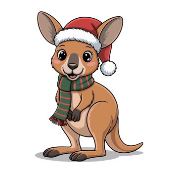 A cute kangaroo is dressed in a festive Santa hat and a green-striped scarf, exuding holiday cheer. png