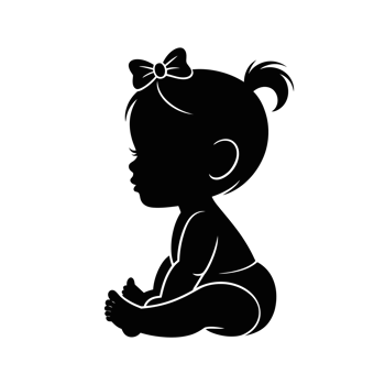 A silhouette of a seated baby features a small ponytail and a bow on the head. png