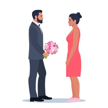 Couple exchanging flowers in a romantic moment vector
