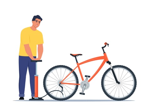 Man pumps a bicycle wheel. Broken wheel needs repair. Bike repair vector
