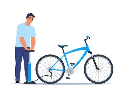 Man pumps a bicycle wheel. Broken wheel needs repair. Bike repair. vector