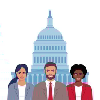 Government officials and national public building workers. Democratic community labor work in federal house. Clever officials at government building and employees vector