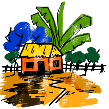 Hand-drawn Village Scene with Hut, Trees and Nature png