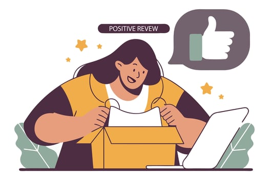 Happy woman unboxing surprise package giving thumbs up vector