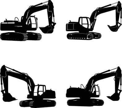 Excavator silhouette construction equipment for excavation work and construction sites four positions vector