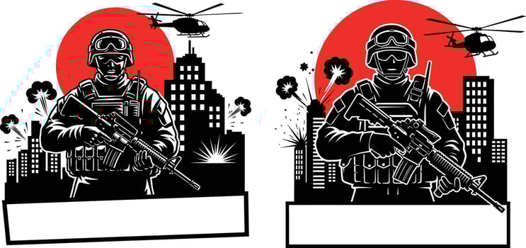Military soldier with assault rifle in war zone illustration vector