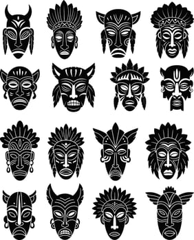 Set of sixteen tribal mask silhouettes with varied headdresses and facial features for design vector