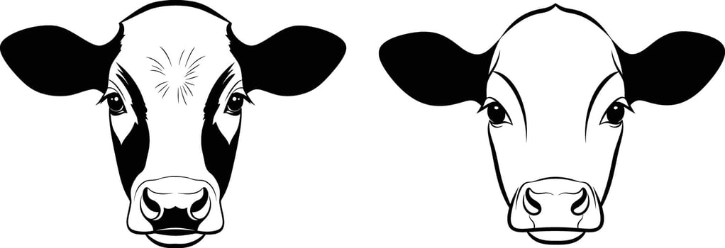 Two cow head illustrations in black and white line art vector
