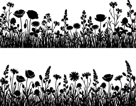 Wildflower and grass silhouettes illustration, decorative floral meadow borders, plant background vector