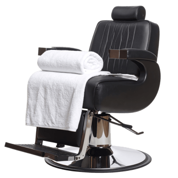 Black barber chair with white towels isolated on a transparent background. png