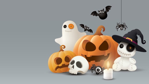 Colorful Halloween decorations with pumpkins and ghosts vector