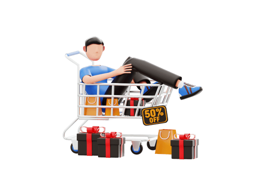 Person in shopping cart with gifts png