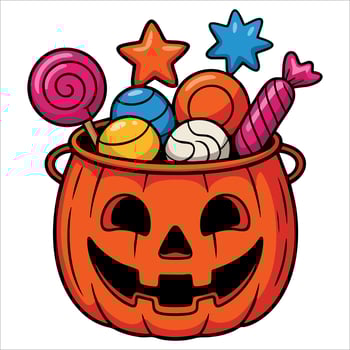 Spooky Halloween candy filled cauldron cartoon illustration with purple bucket lollipops candy corns and sweets ideal for festive Halloween designs vector