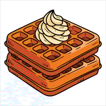 Sweet baked waffles with butter and whipped cream topping. Appetizing dessert and breakfast treat outlined in food art style for delicious food visuals. vector