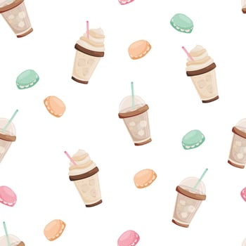Seamless pattern with coffee drinks and macarons vector