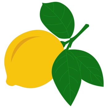 A ripe yellow lemon with vibrant green leaves attached to a stem. vector