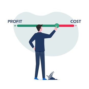 Businessman moves slider to the cost direction for increased profit. Cost and profit, price and value concept vector