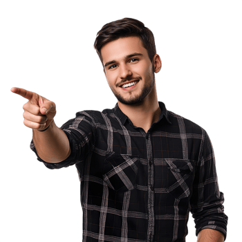 Handsome young man pointing away isolated on transparent background png
