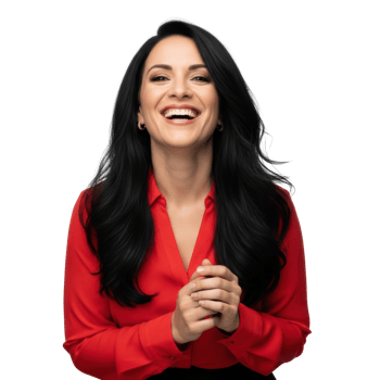 A beautiful woman with a wide, genuine smile and clasped hands, exuding happiness and confidence. Ideal for business, positivity, or customer service themes. png