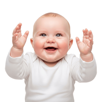 A cute baby with a wide smile and sparkling eyes raises both hands in a gesture of pure joy. Perfect for themes of happiness and childhood. png