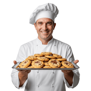 A smiling male chef in a white uniform and hat holds a silver tray piled high with delicious chocolate chip cookies, ready to serve. png