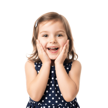 A happy little girl with brown hair and a polka dot dress expresses surprise and joy with hands on her cheeks. Perfect for themes of childhood, emotions, and fun. png