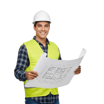 A happy male professional in protective gear holds building plans, ready for a construction project or site inspection. png