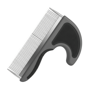 A gray pet comb featuring fine teeth and a black ergonomic handle, ideal for grooming and effectively removing fleas or debris from animal fur. png