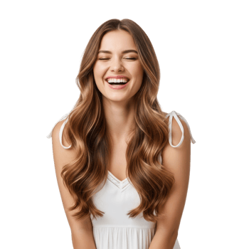 A beautiful young woman with long wavy brown hair laughs heartily with her eyes closed, expressing pure joy and happiness. png