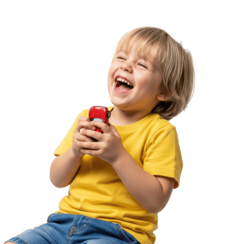 A cheerful young boy with blonde hair laughs heartily, holding a red toy car. This image conveys genuine childhood joy and playful happiness. png