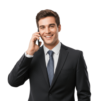 A handsome young businessman in a suit smiles broadly while engaged in a phone conversation, portraying success and confident communication. png
