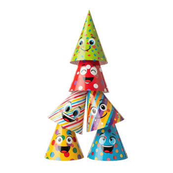 Six vibrant party hats with cheerful cartoon faces are playfully stacked in a pyramid. Ideal for illustrating festive events, birthdays, and joyful celebrations. png