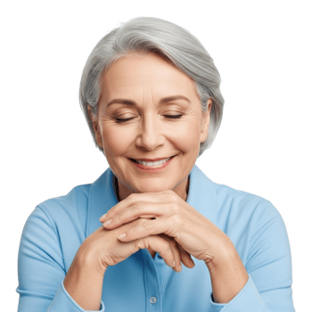 A peaceful senior woman with grey hair smiles joyfully with closed eyes. She wears a blue shirt and holds her hands clasped, expressing contentment. png