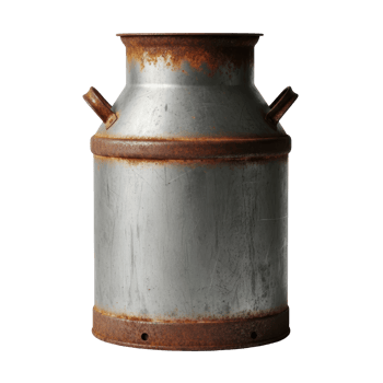 An old, weathered metal milk can with significant rust and a distressed surface, perfect for vintage farm decor, rustic themes, or historical projects. png