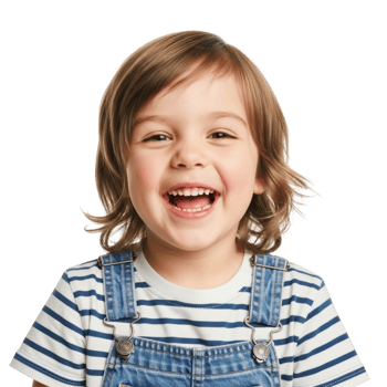 A charming close up of a happy toddler boy with brown hair, laughing with a wide open mouth and bright eyes. He expresses pure joy. png