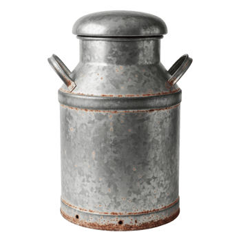An old galvanized metal milk can with a lid and two handles, featuring a weathered and rusty surface, ideal for rustic decor or farm themed designs. png