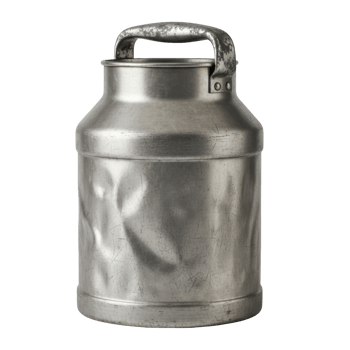 An old, dented metal milk can with a handle, perfect for rustic decor, farm themes, or traditional dairy industry visuals. png