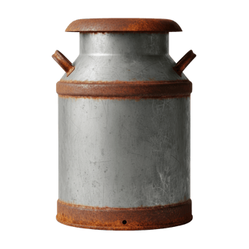 An old, weathered galvanized milk can featuring prominent rust on its bands and lid, with visible scratches on the metal surface. Ideal for rustic decor or farm themed designs. png