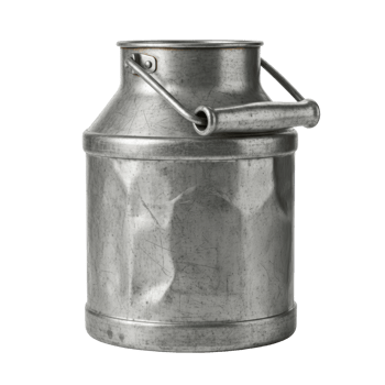 An aged, scratched metal milk can with a handle, showcasing a rustic and weathered surface, perfect for dairy, farming, or vintage country decor themes. png