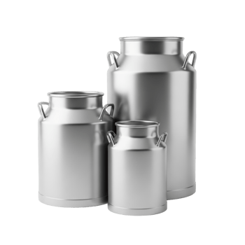 A set of three polished metal milk cans in various sizes, often used for transporting and storing dairy products on farms or in industrial settings. png