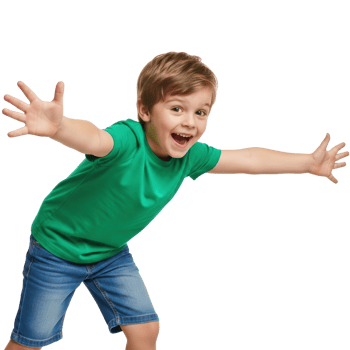 A happy young boy with outstretched arms smiles widely, expressing joy and openness. This image conveys a sense of welcome, excitement, or playfulness. png