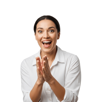 A happy woman with a big smile and wide eyes is clapping her hands enthusiastically. She looks excited and surprised, perfect for concepts of success, applause, or celebration. png