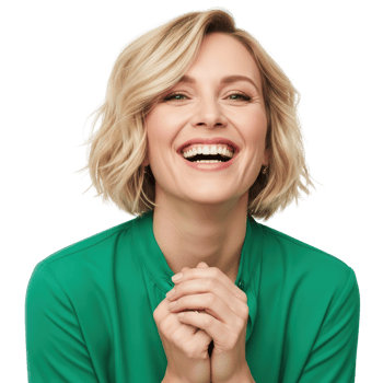 A cheerful blonde woman with short hair laughs heartily, expressing genuine happiness and excitement. Her hands are clasped together in a gesture of delight. png