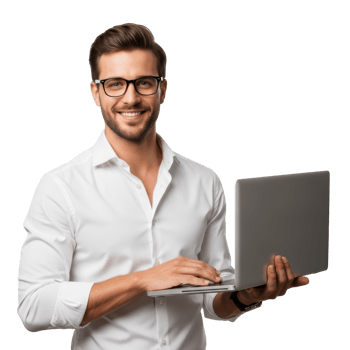 A handsome young man in a white shirt and glasses smiles confidently while holding and typing on a silver laptop. Ideal for business, technology, or education themes. png