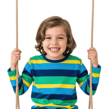 A joyful young boy with curly hair smiles brightly while holding ropes, conveying happiness and playful energy. Ideal for childhood themes. png