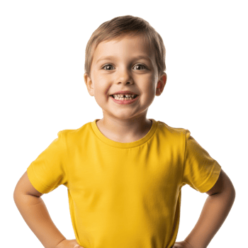A cheerful young boy with light hair and blue eyes smiles broadly, showing his missing front teeth, while wearing a bright yellow t shirt and posing confidently. png