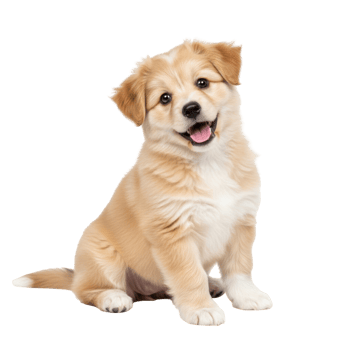 A charming light brown puppy sits happily, looking directly at the camera with a joyful expression and open mouth. Ideal for pet related content or cute animal themes. png