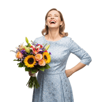 A happy woman in a light blue dress laughs heartily while holding a beautiful, colorful bouquet of flowers, expressing pure joy. png
